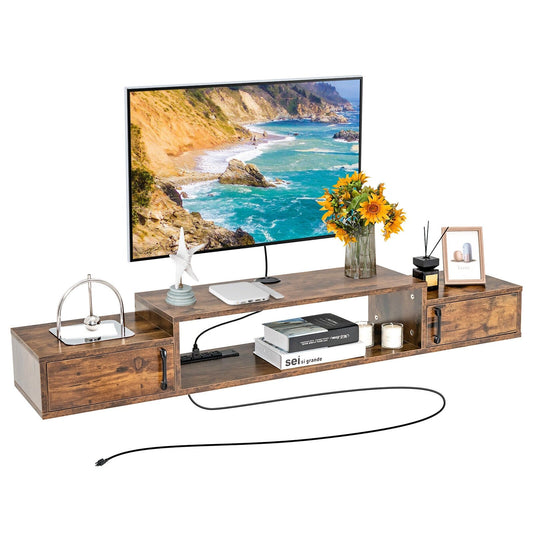 55 Inches Floating TV Stand with Power Outlet, Rustic Brown