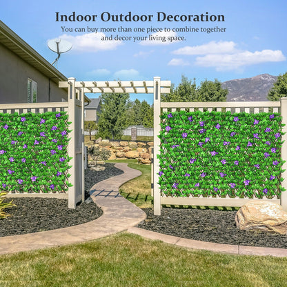 4 Pieces Expandable Faux Ivy Privacy Screen Fence Panel Pack with Flower, Purple