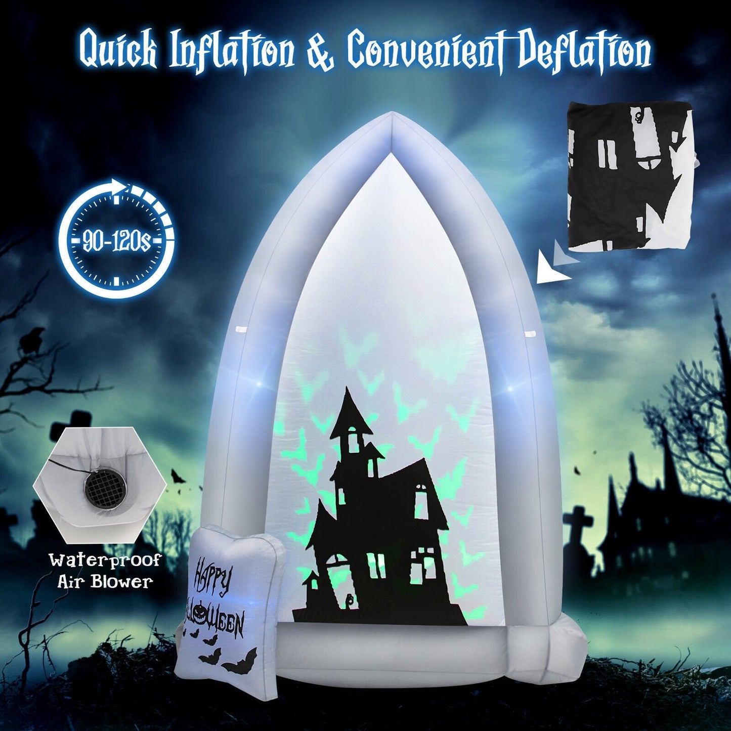 7 Feet Halloween Inflatable Tombstone with Bat LED Projector, White at Gallery Canada