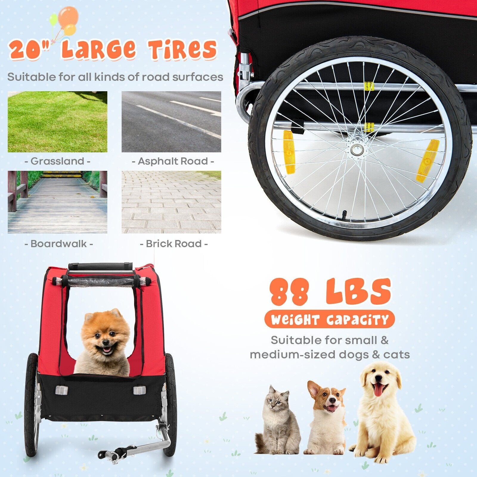 Dog Bike Trailer Foldable Pet Cart with 3 Entrances for Travel, Red at Gallery Canada