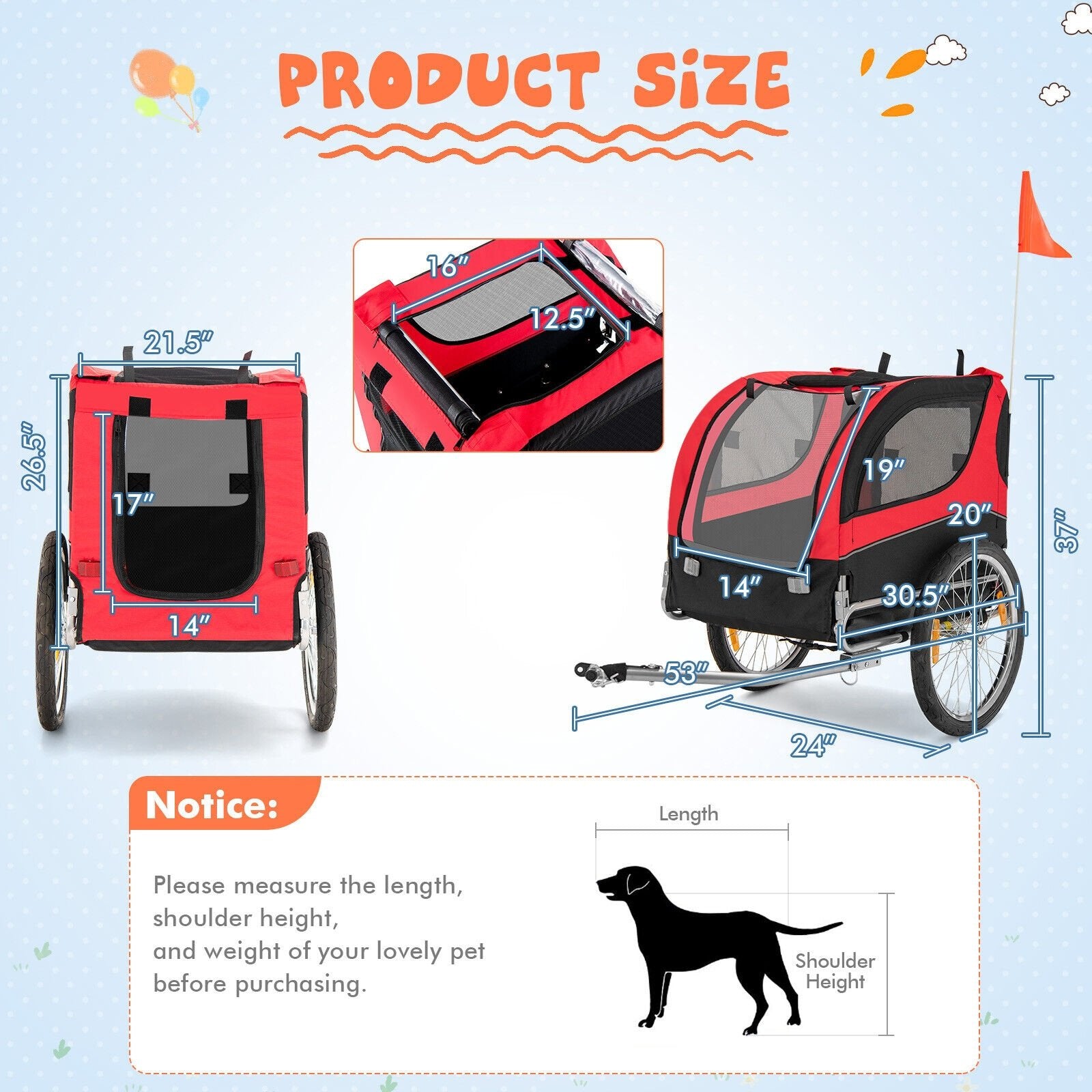 Dog Bike Trailer Foldable Pet Cart with 3 Entrances for Travel, Red at Gallery Canada