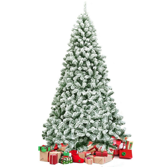 7.5 Feet Snow Flocked Artificial Christmas Tree Hinged with 1346 Tip and Foldable Base, Green