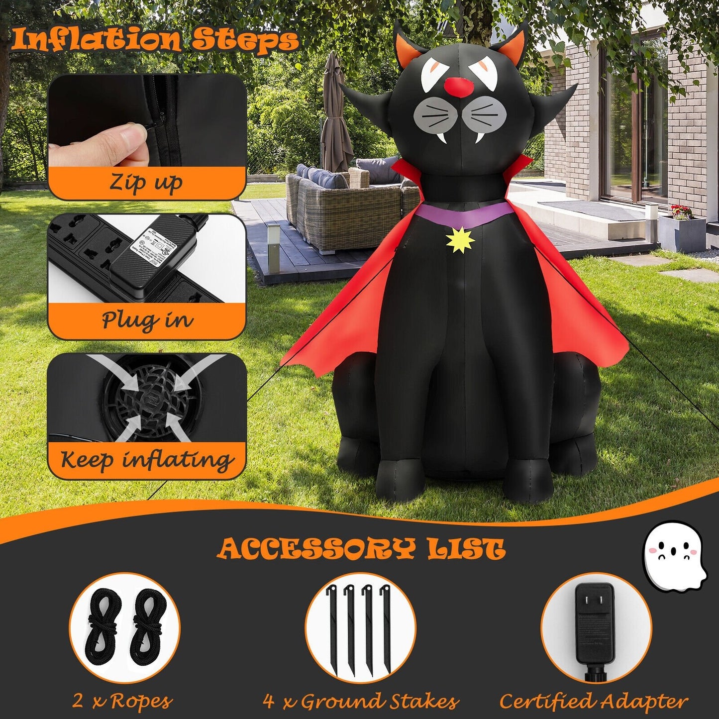 4.7 Feet Halloween Inflatable Vampire Cat with Red Cloak, Black