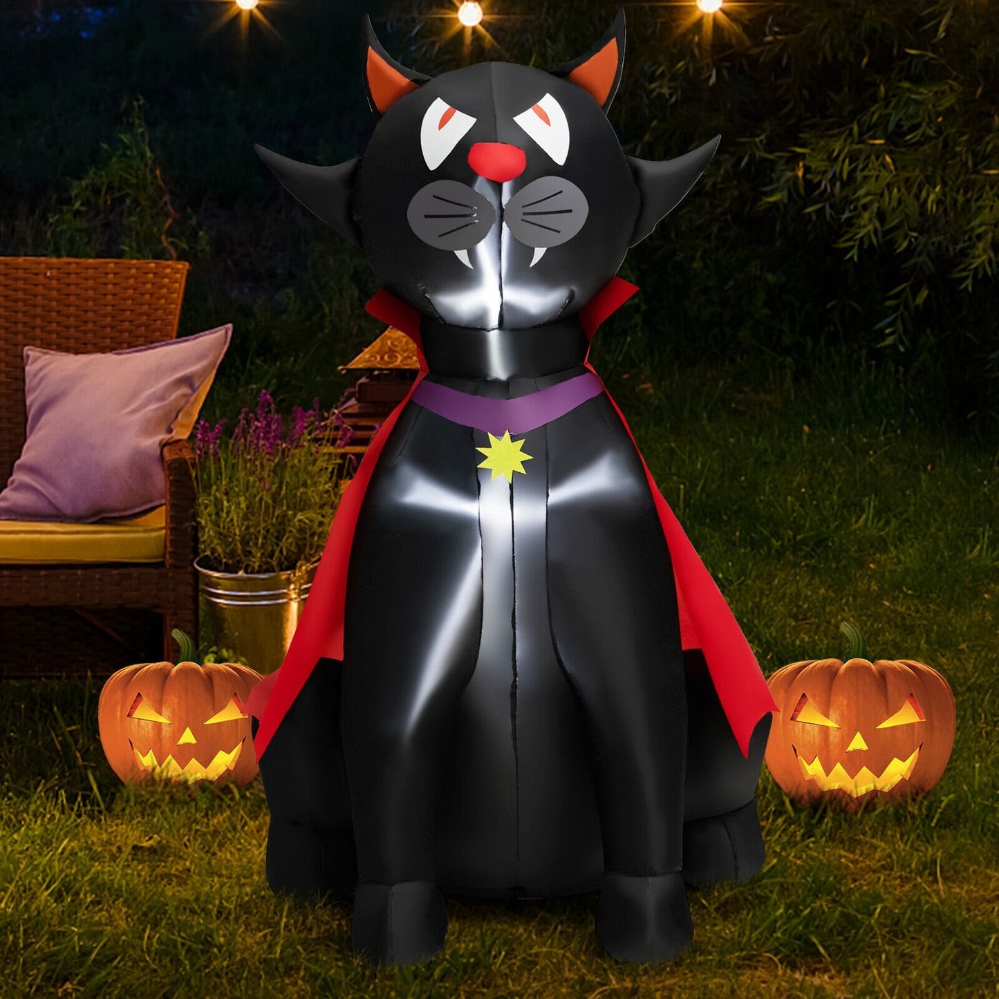 4.7 Feet Halloween Inflatable Vampire Cat with Red Cloak, Black