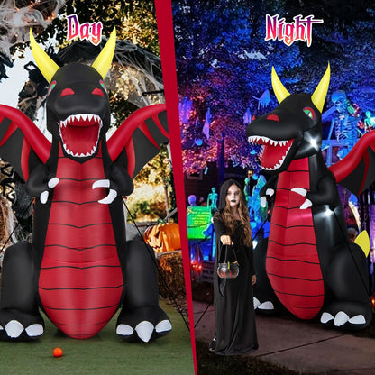 8 Feet Halloween Inflatable Fire Dragon  Decoration with LED Lights, Black
