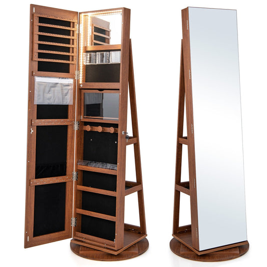 360° Rotating Mirrored Jewelry Cabinet Armoire 3 Color LED Modes Lockable, Dark Brown