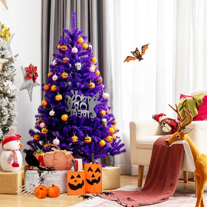 Artificial Prelit Purple Halloween Tree with Orange Lights and Pumpkin Ornaments-5', Purple