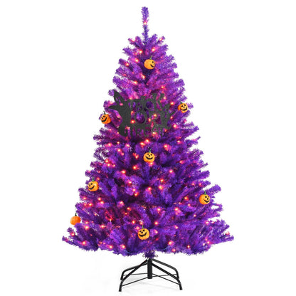 Artificial Prelit Purple Halloween Tree with Orange Lights and Pumpkin Ornaments-5', Purple