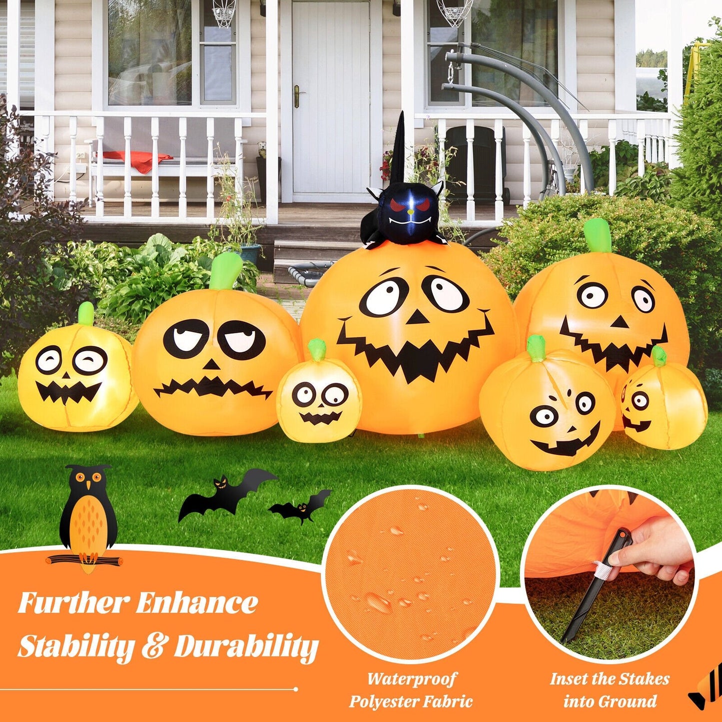 8 Feet Long Halloween Inflatable Pumpkins with Witch's Cat, Orange at Gallery Canada