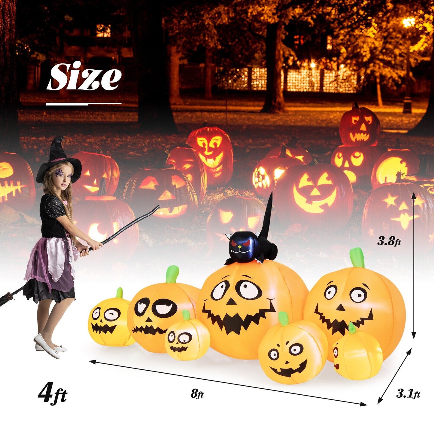 8 Feet Long Halloween Inflatable Pumpkins with Witch's Cat, Orange