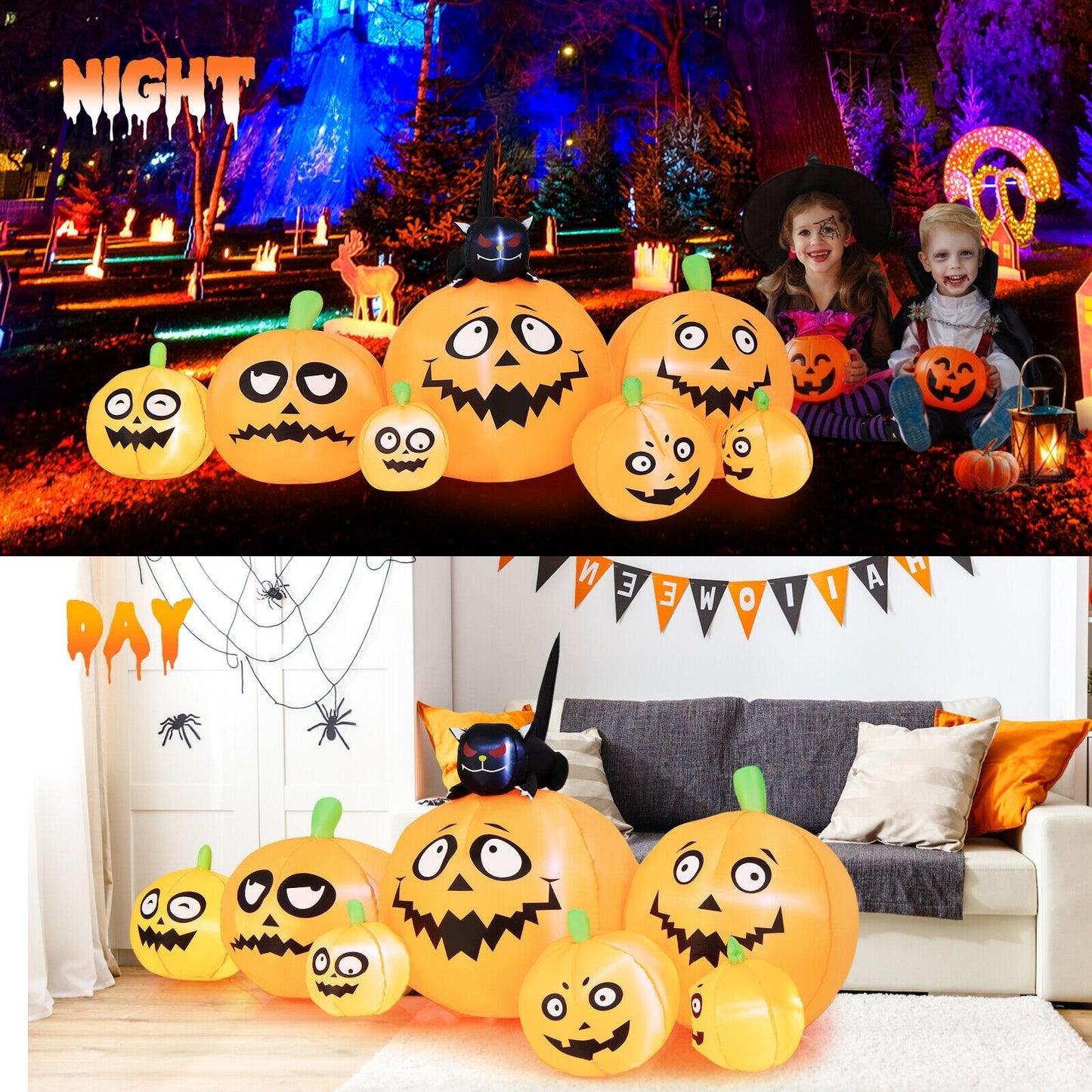 8 Feet Long Halloween Inflatable Pumpkins with Witch's Cat, Orange