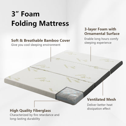 Queen 3 Inch Tri-fold Memory Foam Floor Mattress Topper Portable with Carrying Bag-L, Black
