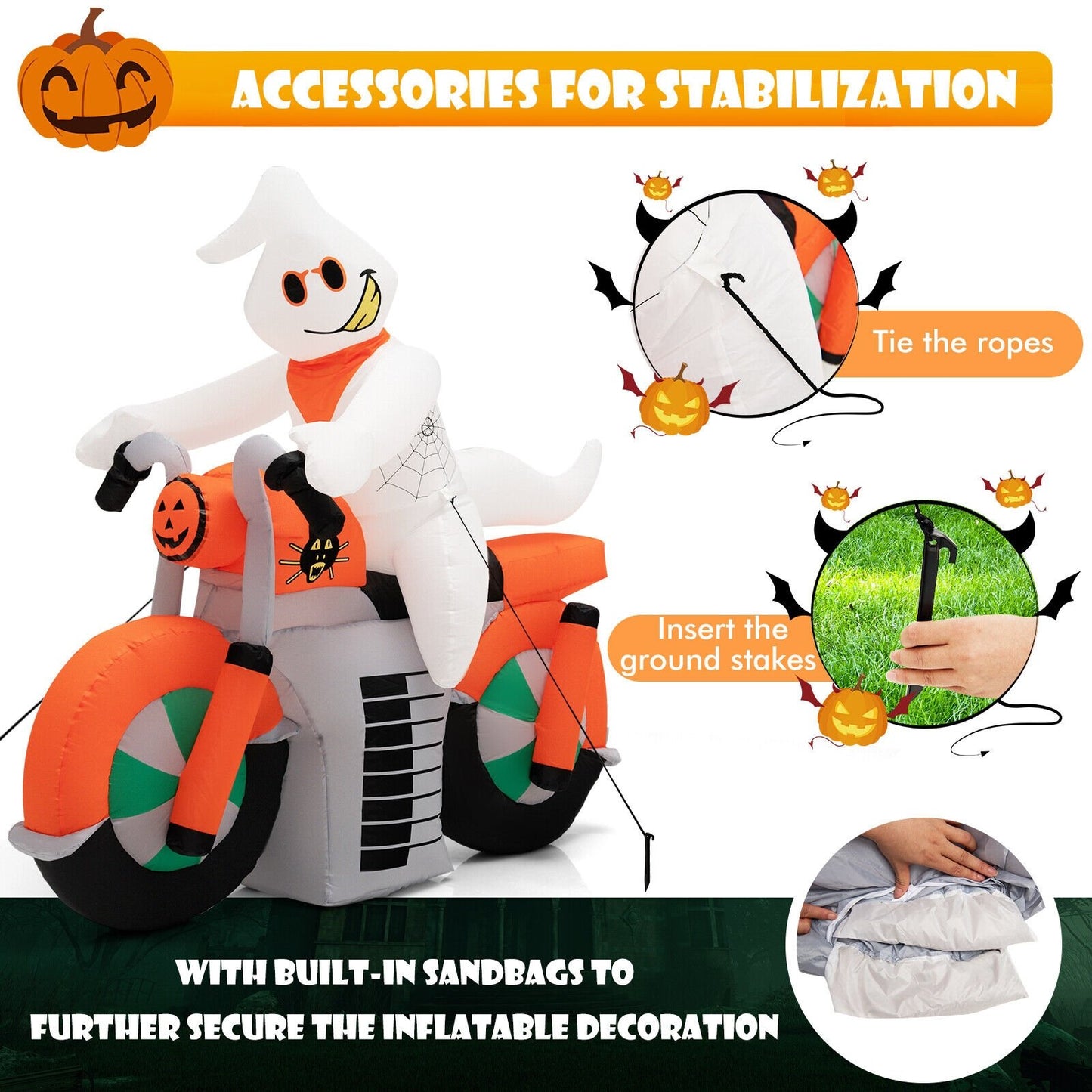 5 Feet Halloween Inflatable Ghost Riding on Motor Bike with LED Lights, Multicolor