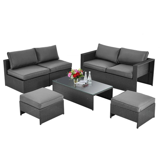 6 Pieces Patio Rattan Furniture Set Space Saving Cushioned No Assembly, Gray