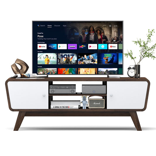 Mid Century TV Stand for TVs up to 55 Inch Media Console Table Sliding Door, Walnut
