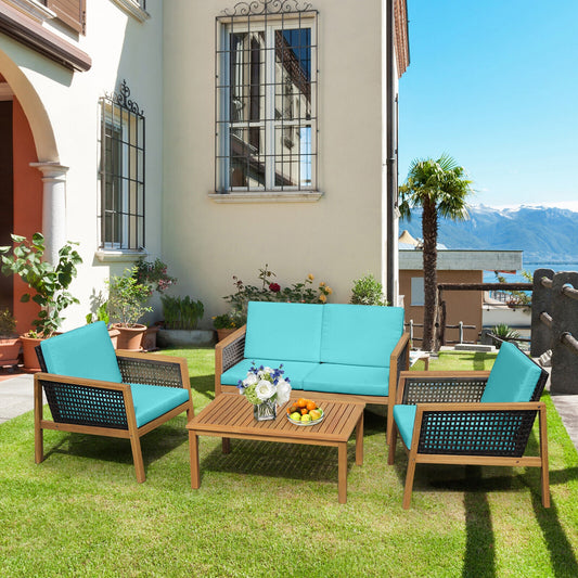 4 Piece Patio Rattan Furniture Set, Removable Cushions, Turquoise
