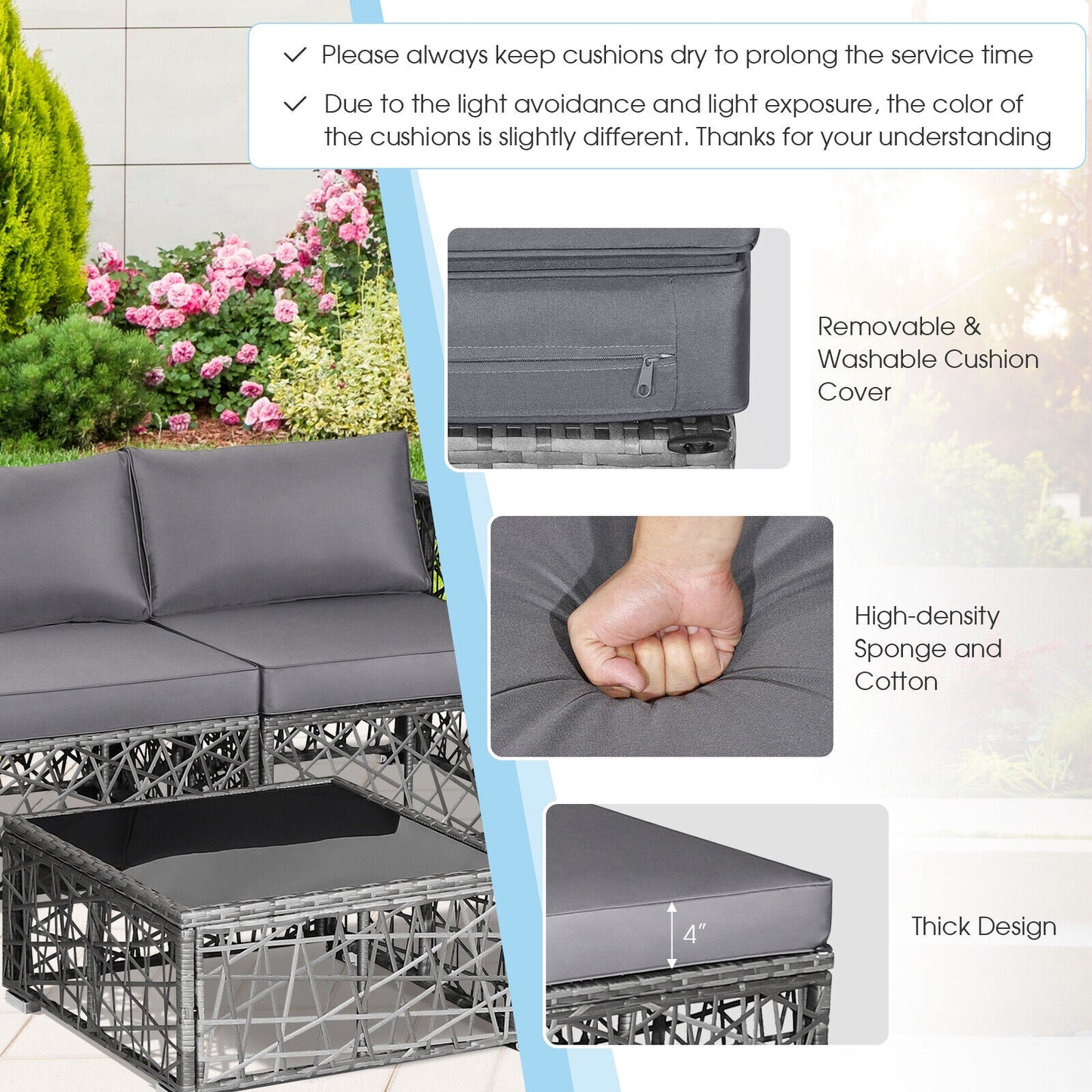 5 Piece Patio PE Rattan Wicker Sofa Set, Gray Outdoor Sectionals at Gallery Canada