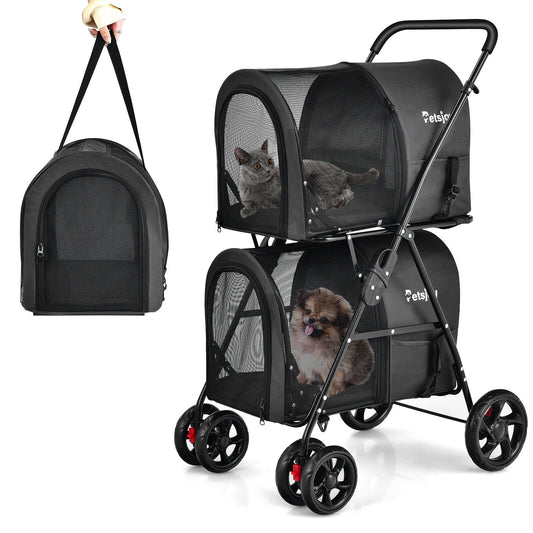 4-in-1 Double Pet Stroller with Detachable Carrier and Travel Carriage, Black