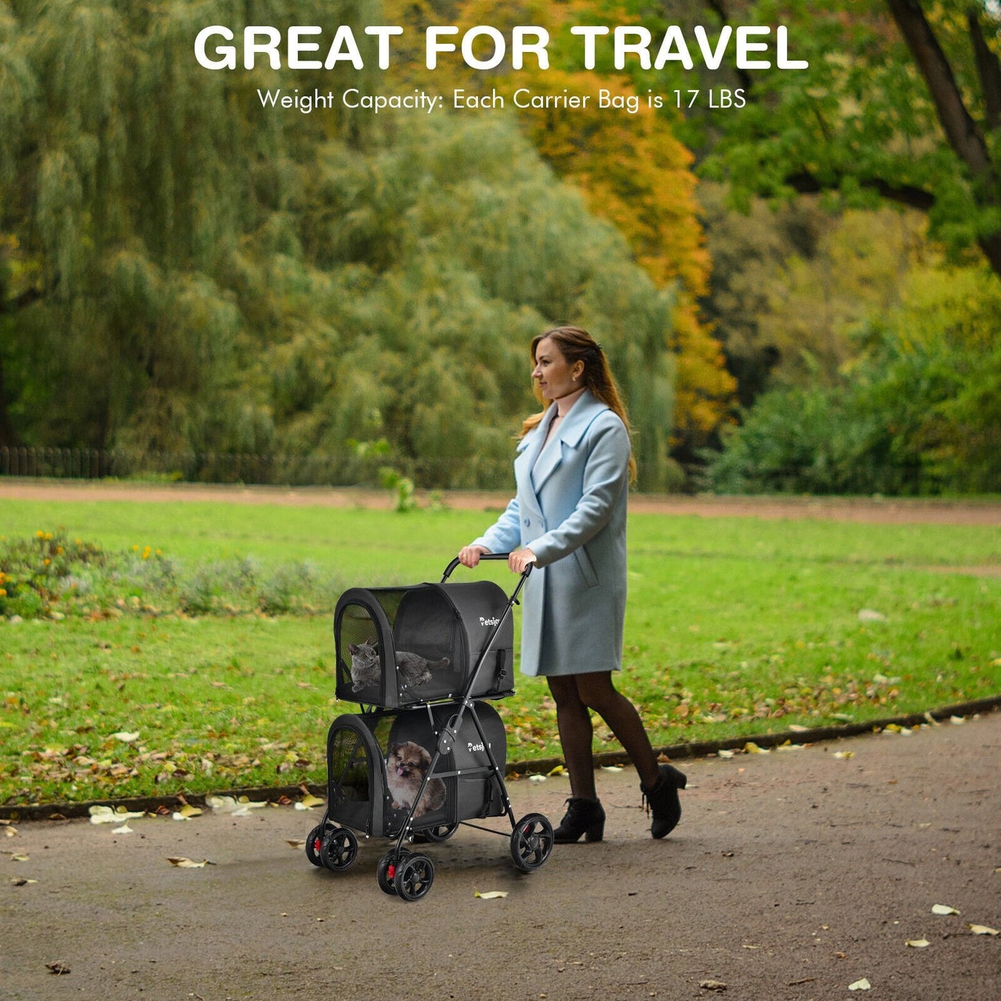4-in-1 Double Pet Stroller with Detachable Carrier and Travel Carriage, Black