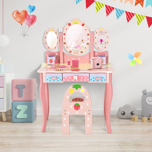 Kids Vanity Princess Makeup Dressing Table Chair Set with Tri-fold Mirror, Pink Kids Vanities Pink at Gallery Canada