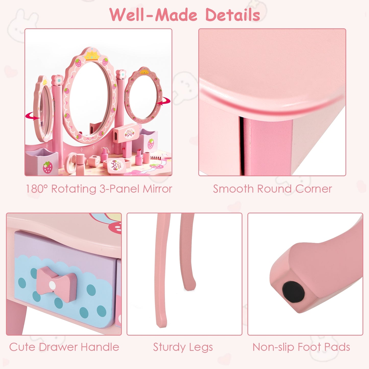 Kids Vanity Princess Makeup Dressing Table Chair Set, Pink