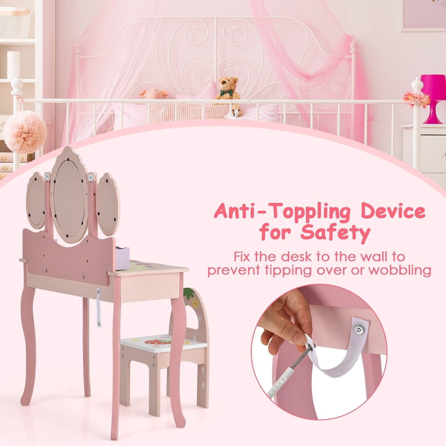 Kids Vanity Princess Makeup Dressing Table Chair Set with Tri-fold Mirror, Pink