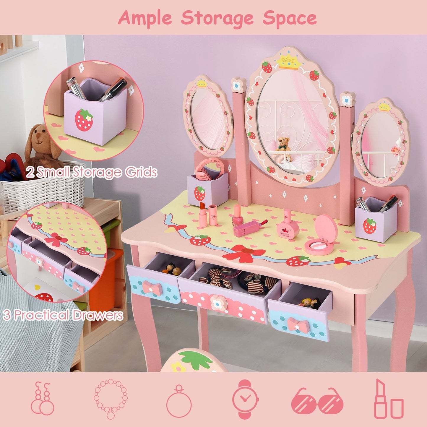 Kids Vanity Princess Makeup Dressing Table Chair Set with Tri-fold Mirror, Pink