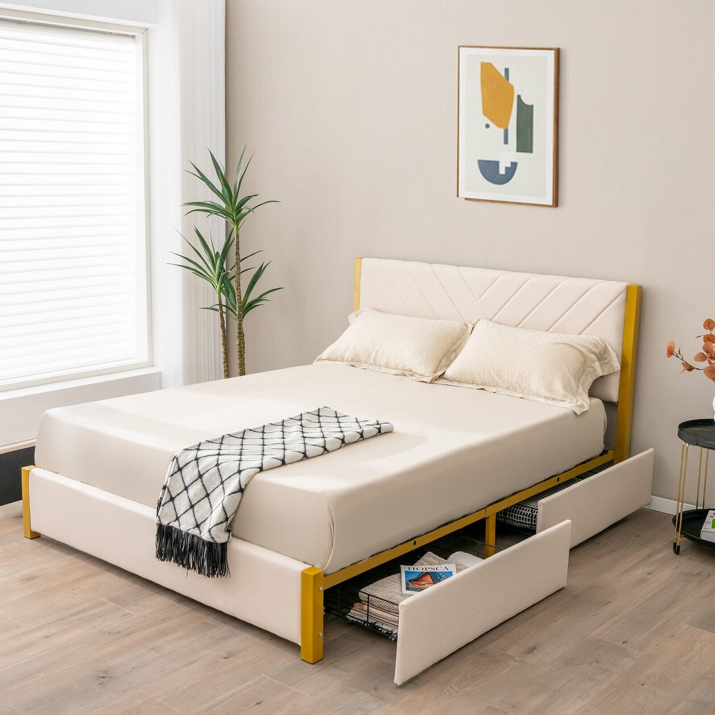 Full Size/Queen Size Upholstered Bed Frame with Adjustable Headboard and 4 Drawers-Full Size, Beige
