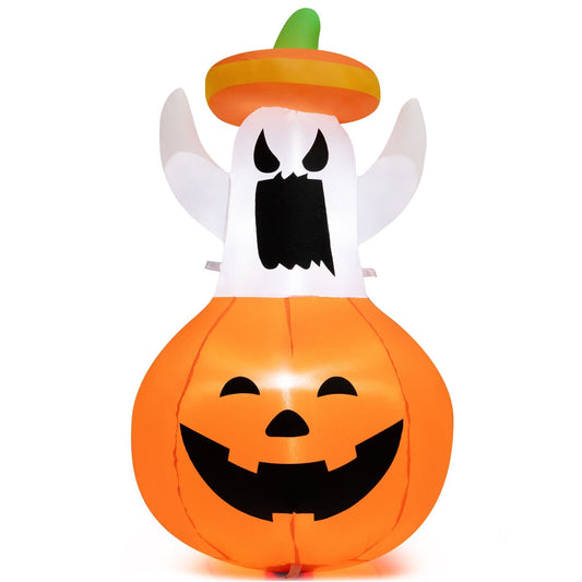 Inflatable Halloween Ghost Decoration with Hat and Pumpkin Lantern, Multicolor