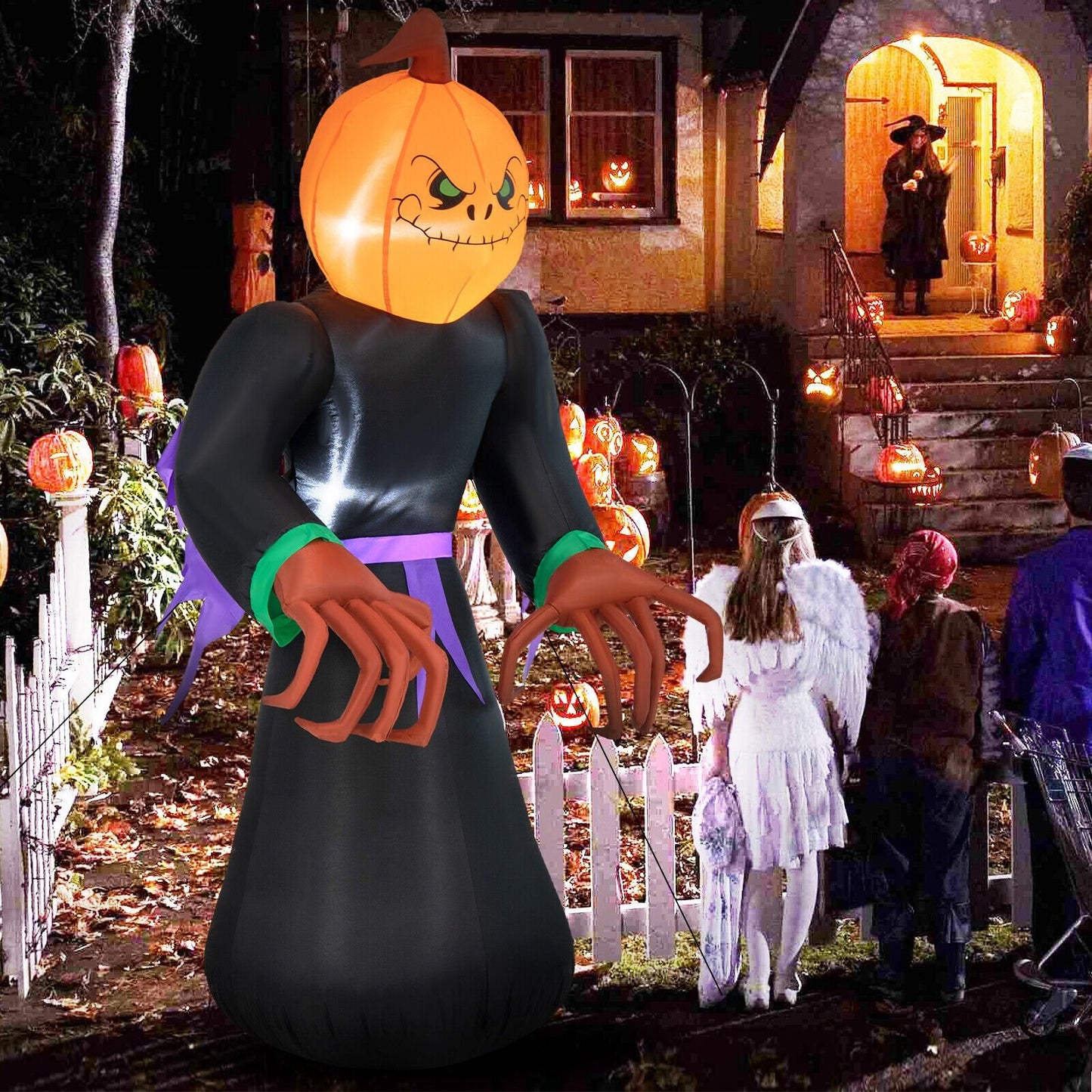 6.5 Feet Inflatable Halloween Warlock with Pumpkin Head Blow-up Pumpkin Reaper, Multicolor