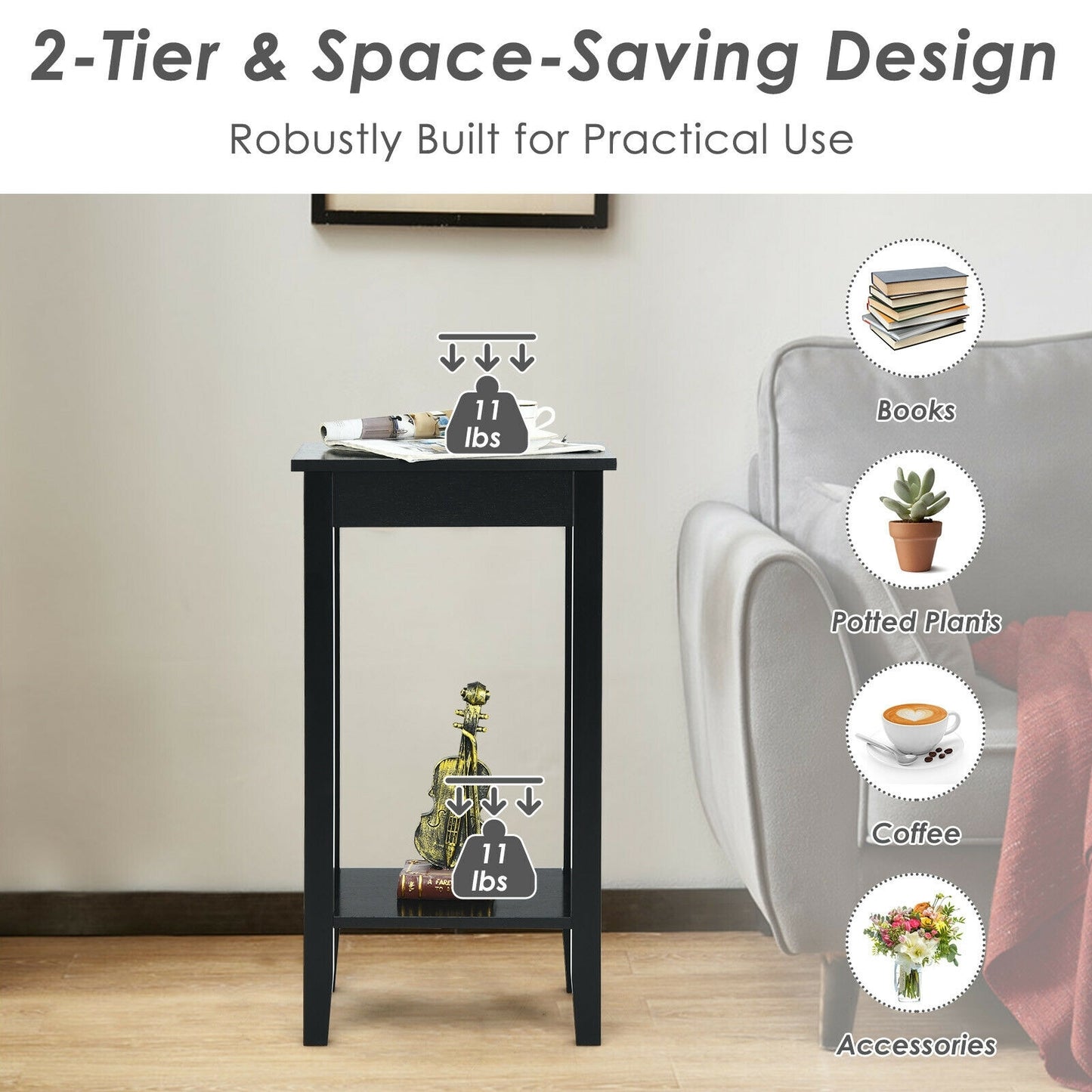 2-Tier Nightstand, Wooden Legs, Black Nightstands at Gallery Canada