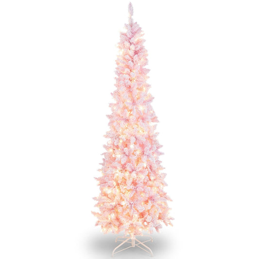 7 Feet Pre-Lit Snow Flocked Hinged Pencil Christmas Tree with 300 Lights and 8 Modes, Pink at Gallery Canada