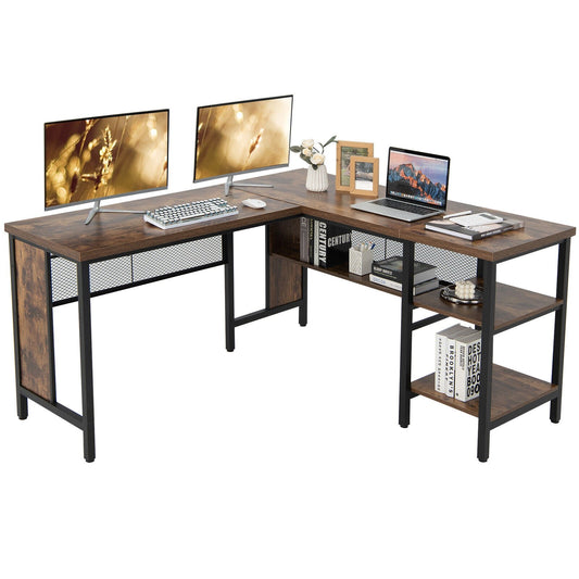 Industrial L-Shaped Corner Computer Desk Office Workstation with Storage Shelves, Rustic Brown at Gallery Canada