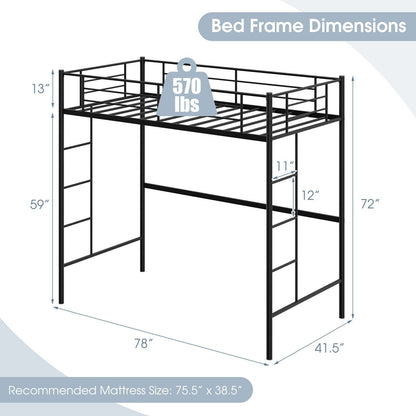 Twin Size Space-saving Metal Loft Bed with Full-Length Guardrail and 2 Ladders, Black