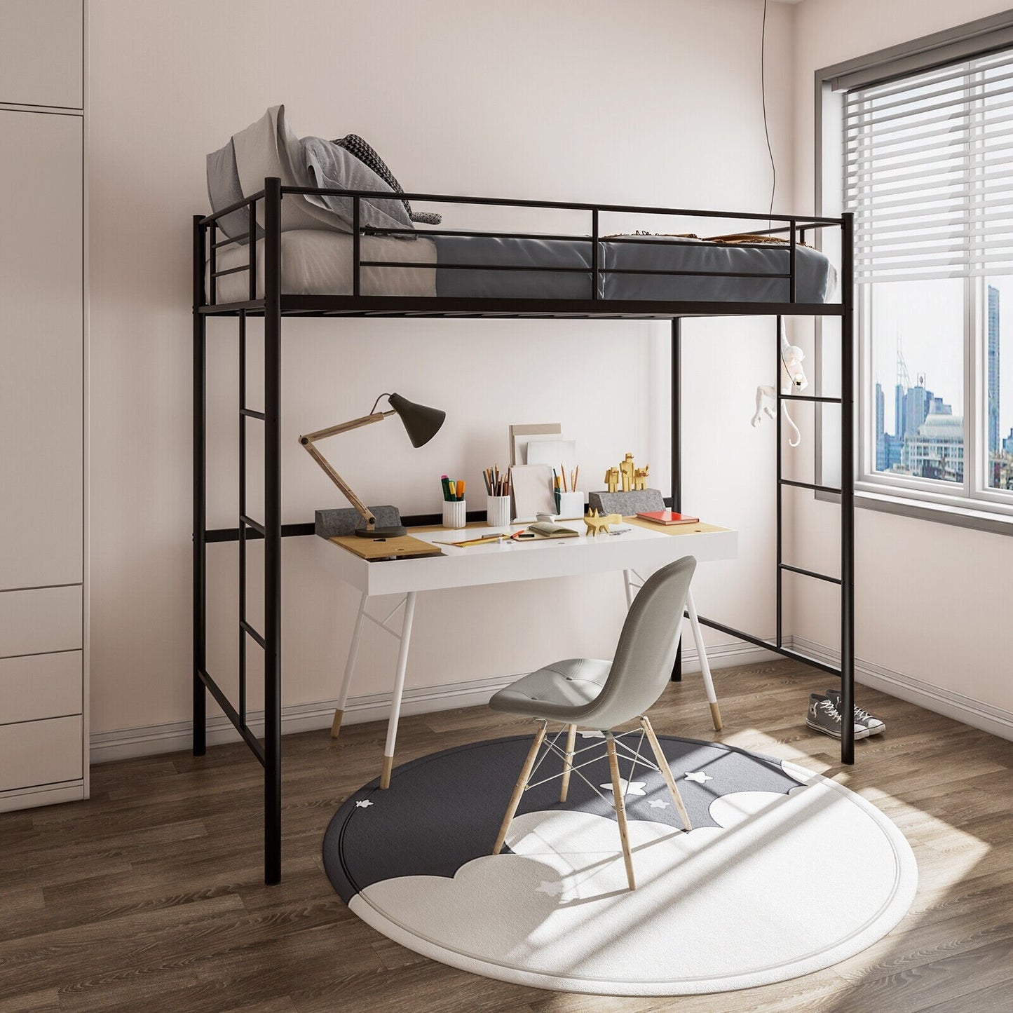 Twin Size Space-saving Metal Loft Bed with Full-Length Guardrail and 2 Ladders, Black