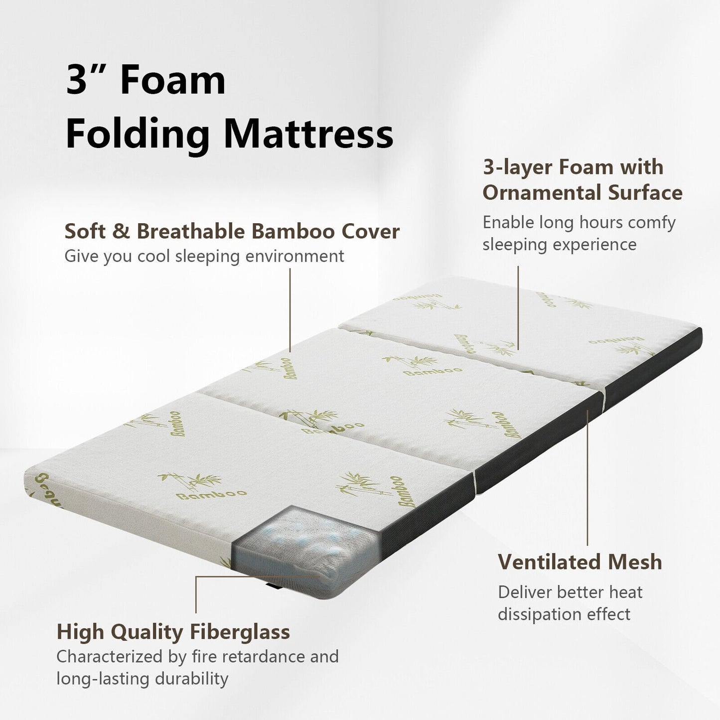Queen 3 Inch Tri-fold Memory Foam Floor Mattress Topper Portable with Carrying Bag-S, White