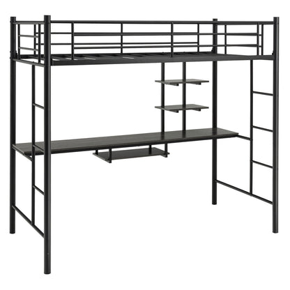 Twin Size Loft Bunk Bed with Desk Storage Shelf and Full Length Ladders, Black