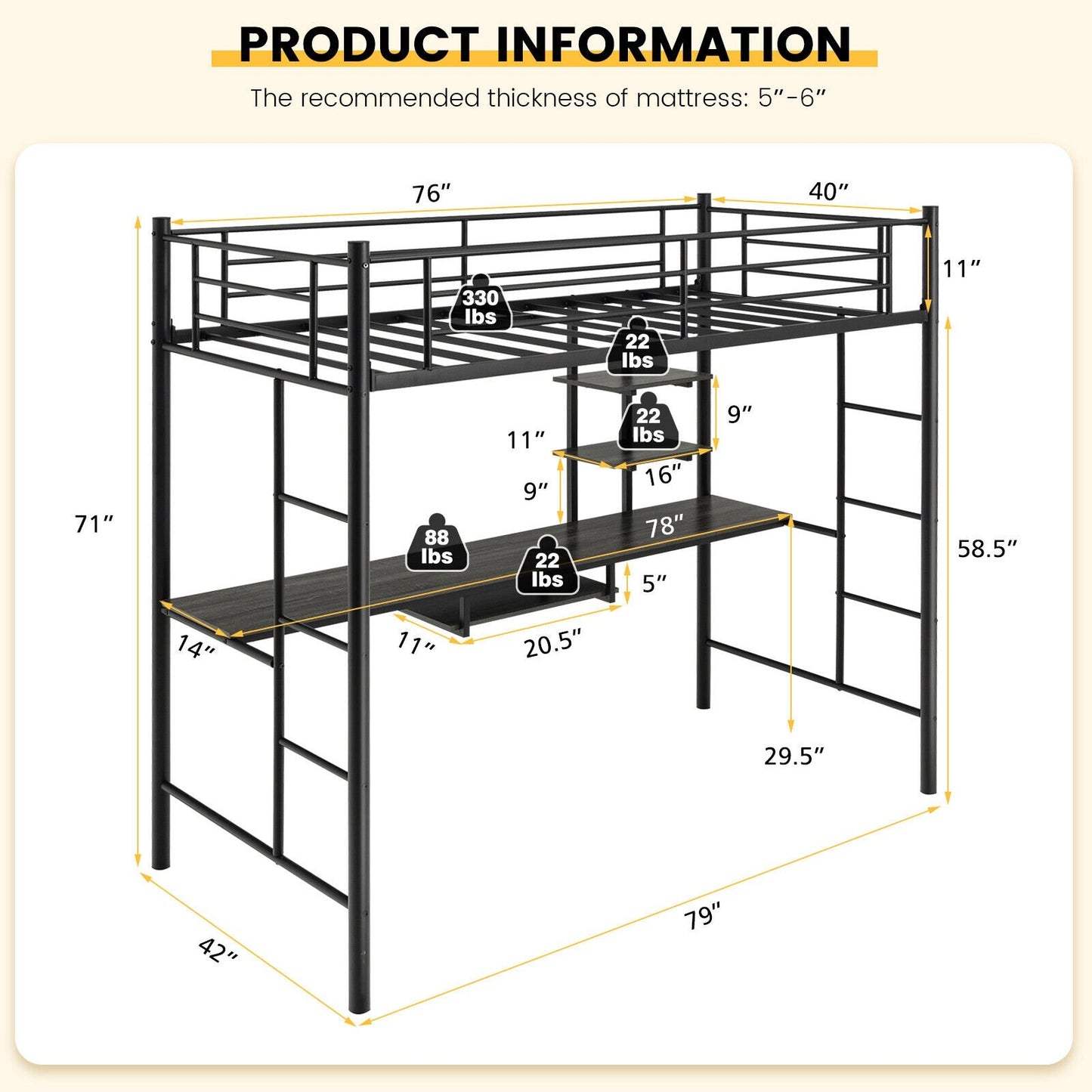 Twin Size Loft Bunk Bed with Desk Storage Shelf and Full Length Ladders, Black