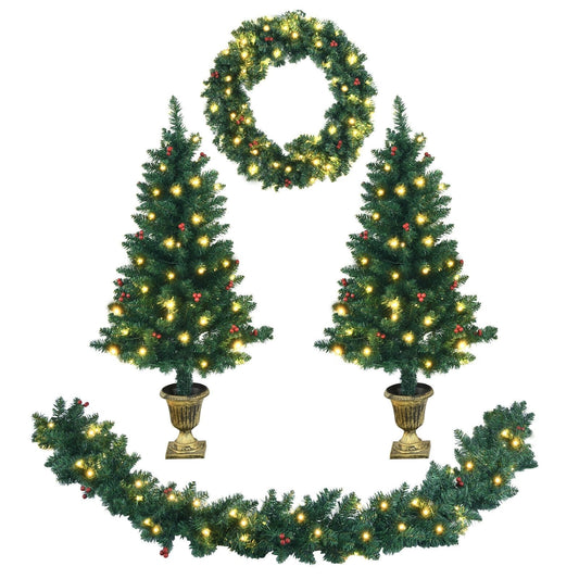 4 Pieces Christmas Decoration Set with Garland Wreath and Entrance Trees, Green