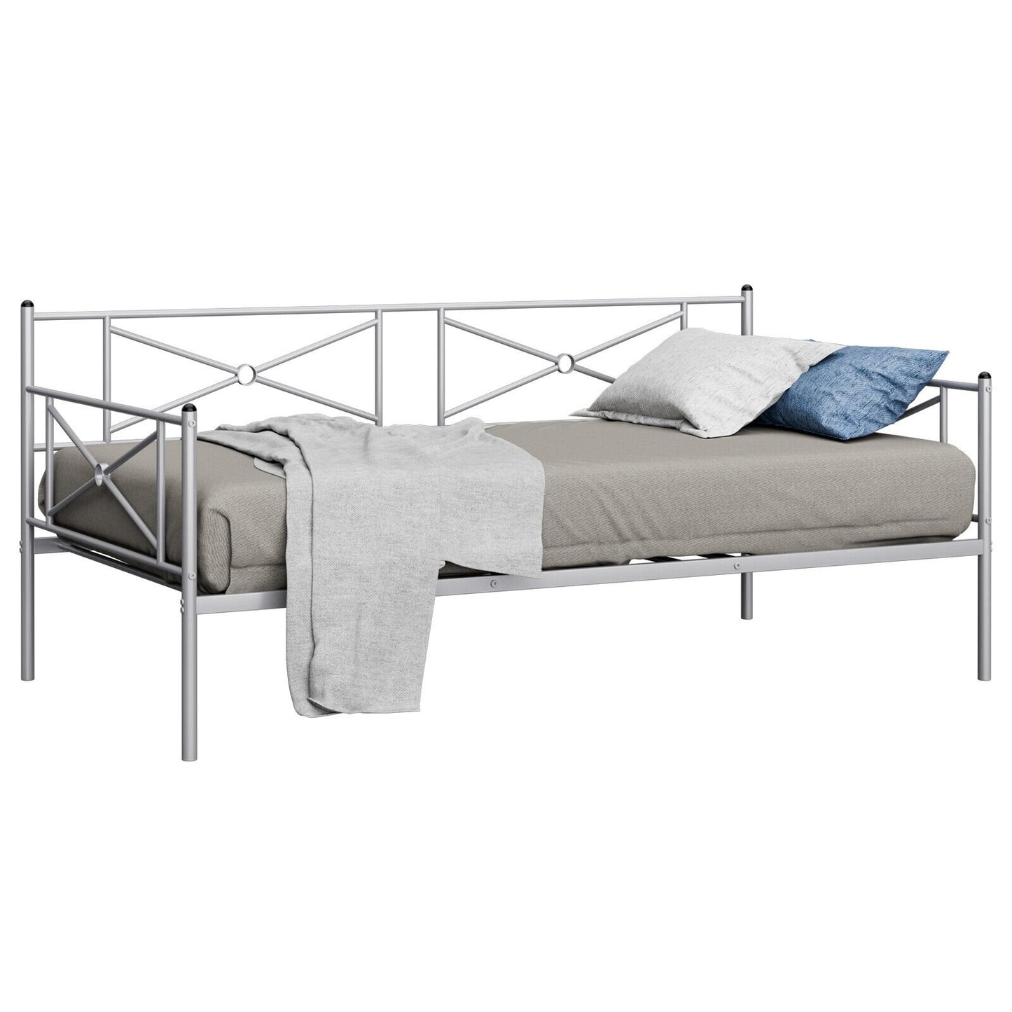 Metal Daybed Twin Bed Frame Stable Steel Slats Sofa Bed, Silver