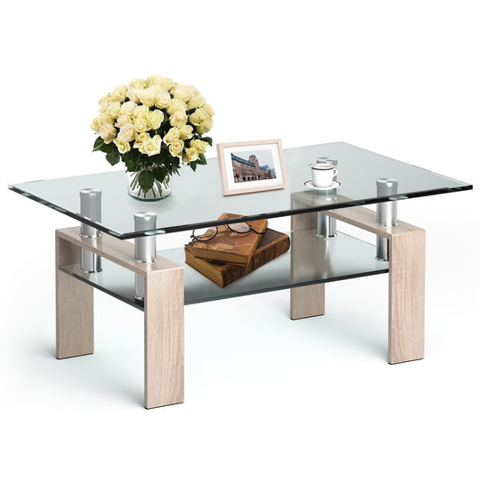 Rectangle Glass Coffee Table with Metal Legs for Living Room, Natural