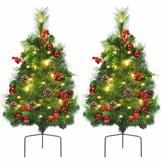 Set of 2 29 Inch Battery Powered Pre-lit Pathway Holiday Christmas Trees, Green at Gallery Canada