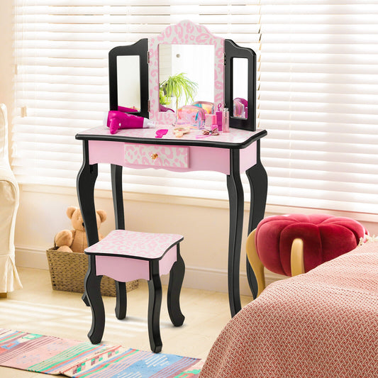 Kid Vanity Set, Tri-Folding Mirror, Leopard Print, Pink