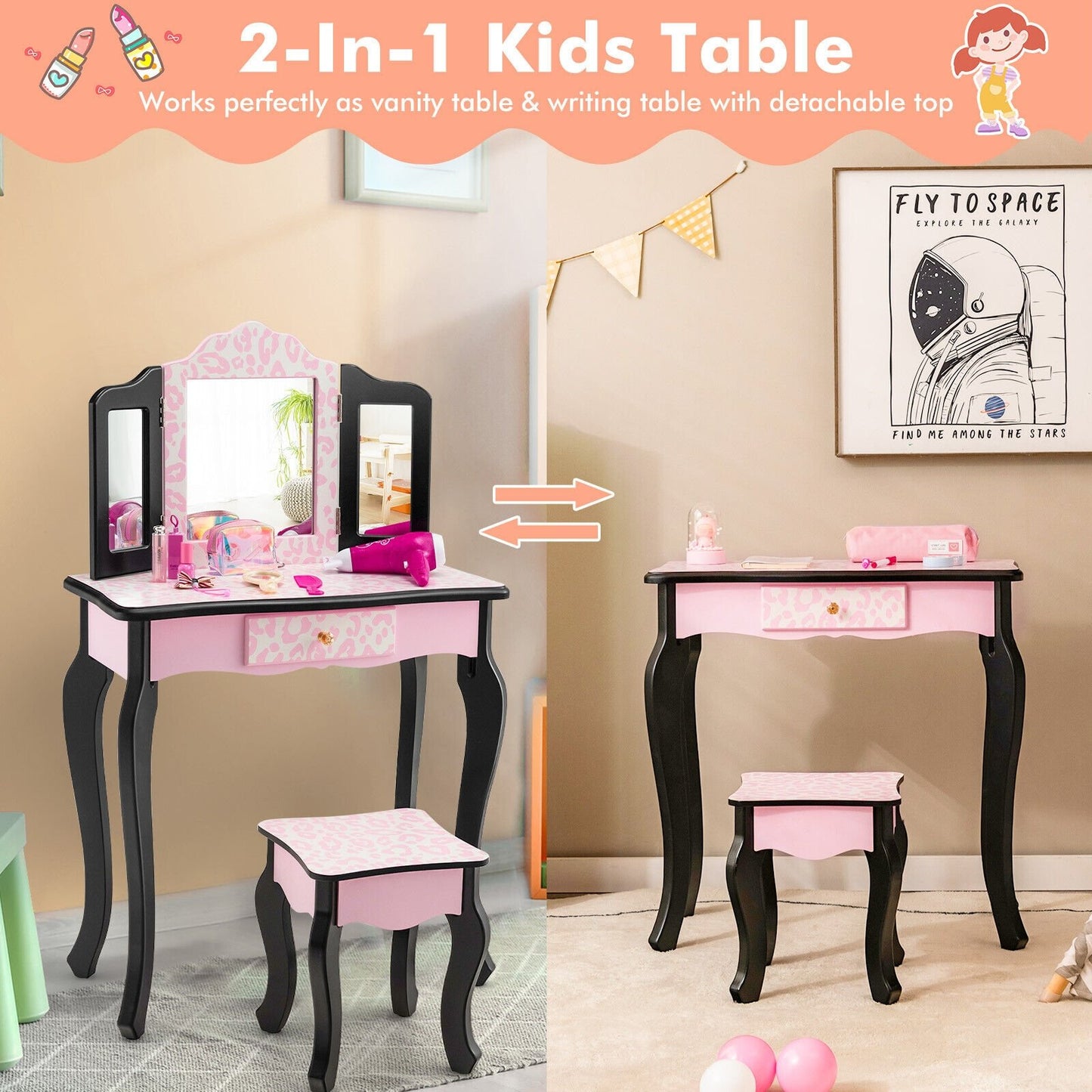 Kid Vanity Set with Tri-Folding Mirror and Leopard Print, Pink