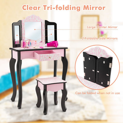 Kid Vanity Set with Tri-Folding Mirror and Leopard Print, Pink
