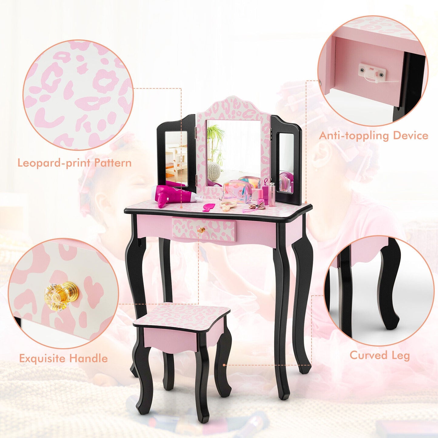 Kid Vanity Set, Tri-Folding Mirror, Leopard Print, Pink