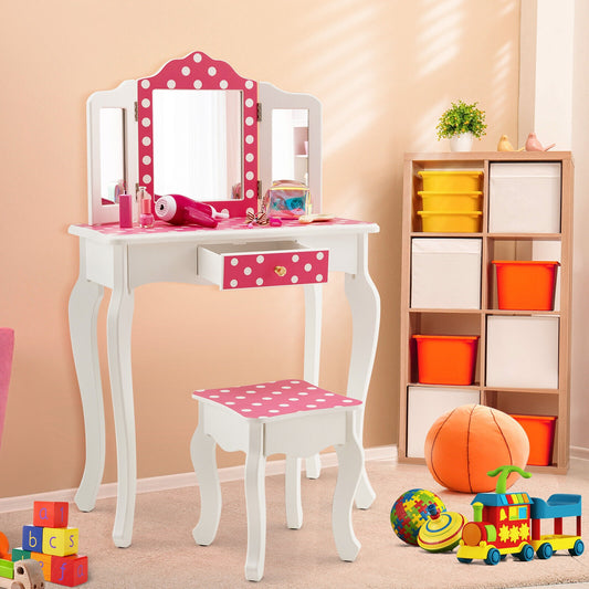 Kids Vanity Table And Stool Set, Polka Dot Print, Pink