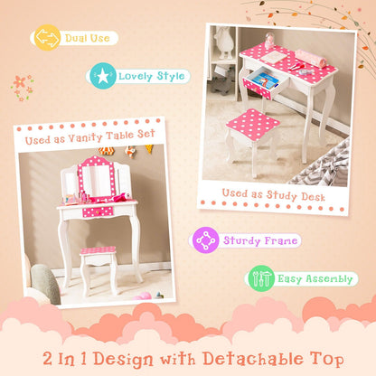 Kids Vanity Table and Stool Set with Cute Polka Dot Print, Pink