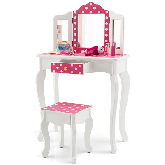Kids Vanity Table and Stool Set with Cute Polka Dot Print, Pink
