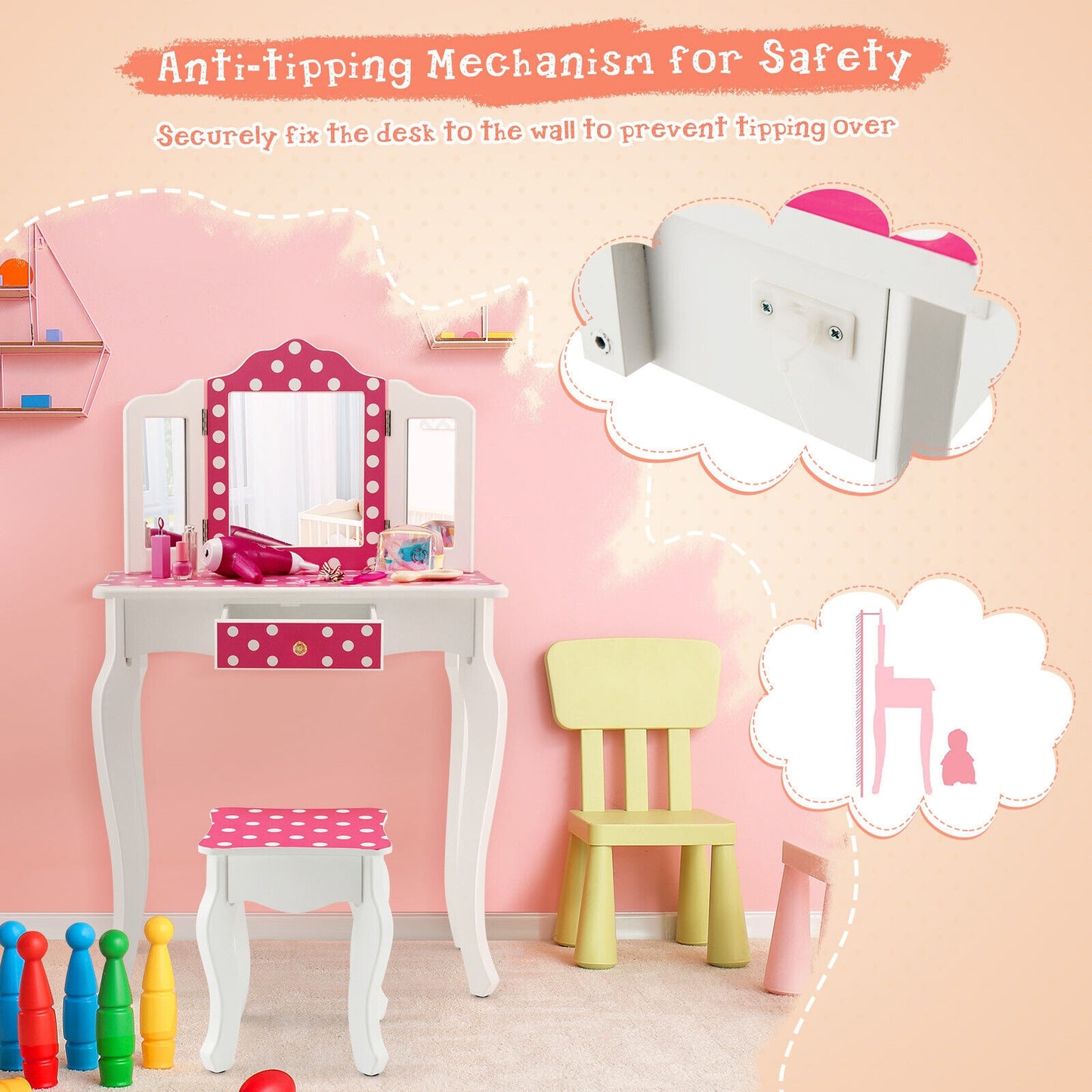 Kids Vanity Table and Stool Set with Cute Polka Dot Print, Pink Kids Vanities at Gallery Canada
